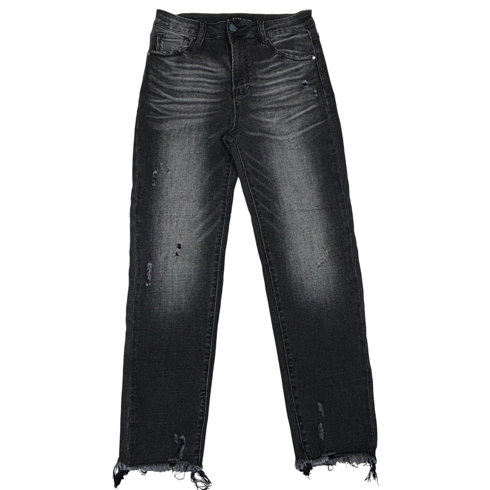 Risen Jeans Womens 7/28 Distressed High Rise Straight Leg Faded Black Grunge